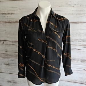Ann Taylor Black Button Down Chain Link Print Blouse sz XS Petite